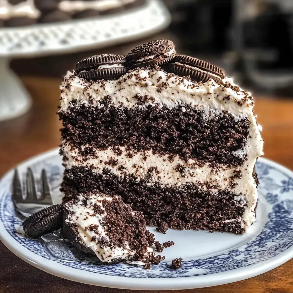 A slice of layered chocolate cake with white cream filling, topped with Oreo cookies, is presented on a decorative plate.