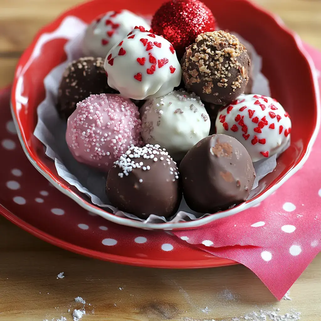 A red bowl filled with assorted chocolate truffles, some decorated with sprinkles and hearts, sits on a polka-dotted plate.