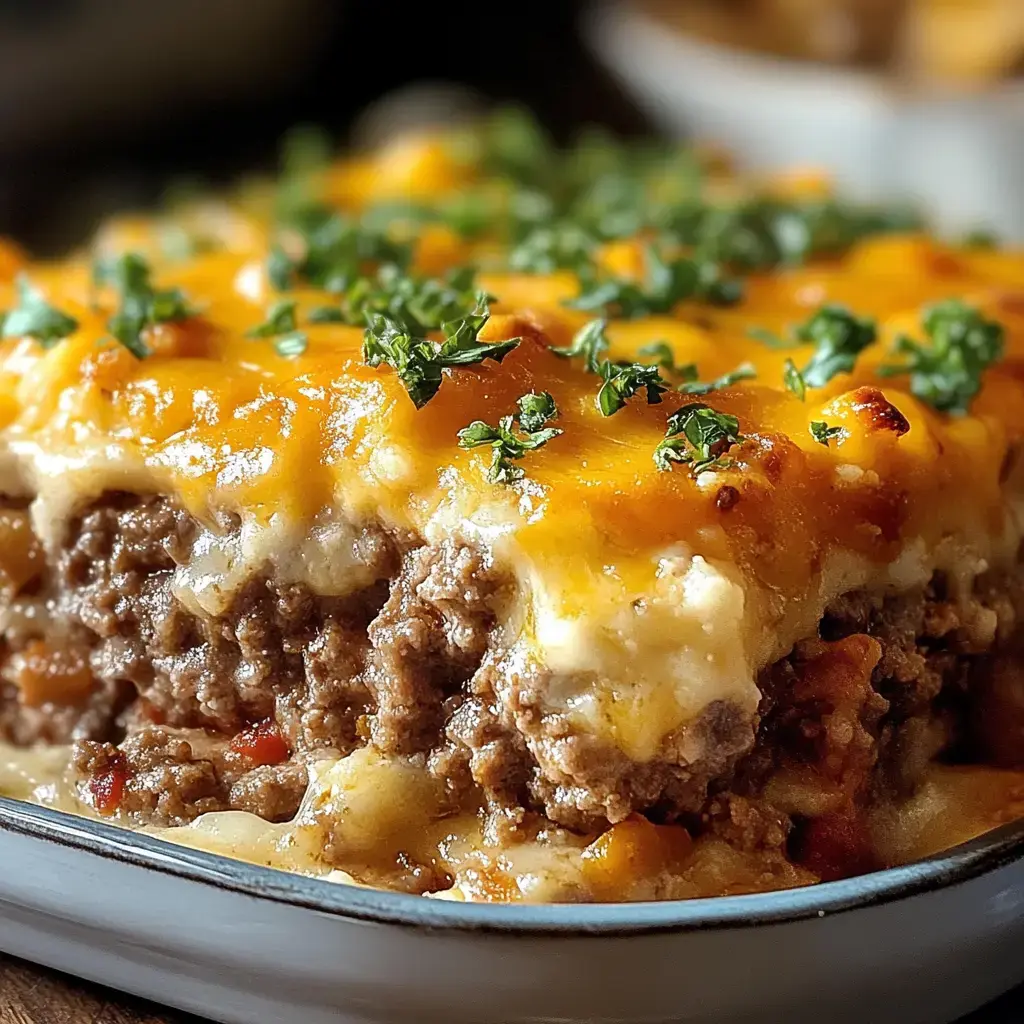 A close-up of a cheesy, layered casserole with ground beef and herbs on top.