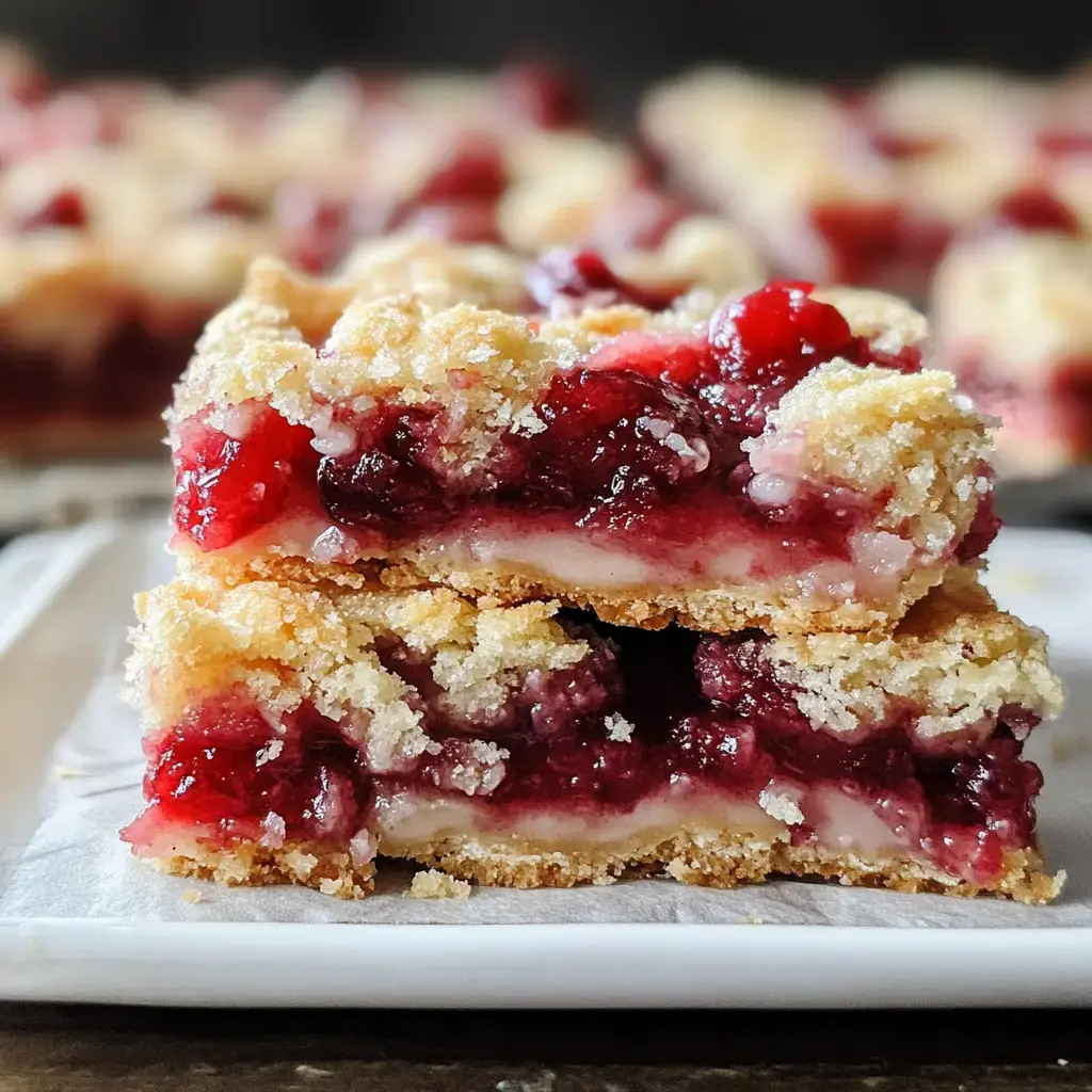 A close-up of two stacked slices of berry crumble bar, showcasing layers of fruit filling and a crumbly topping.