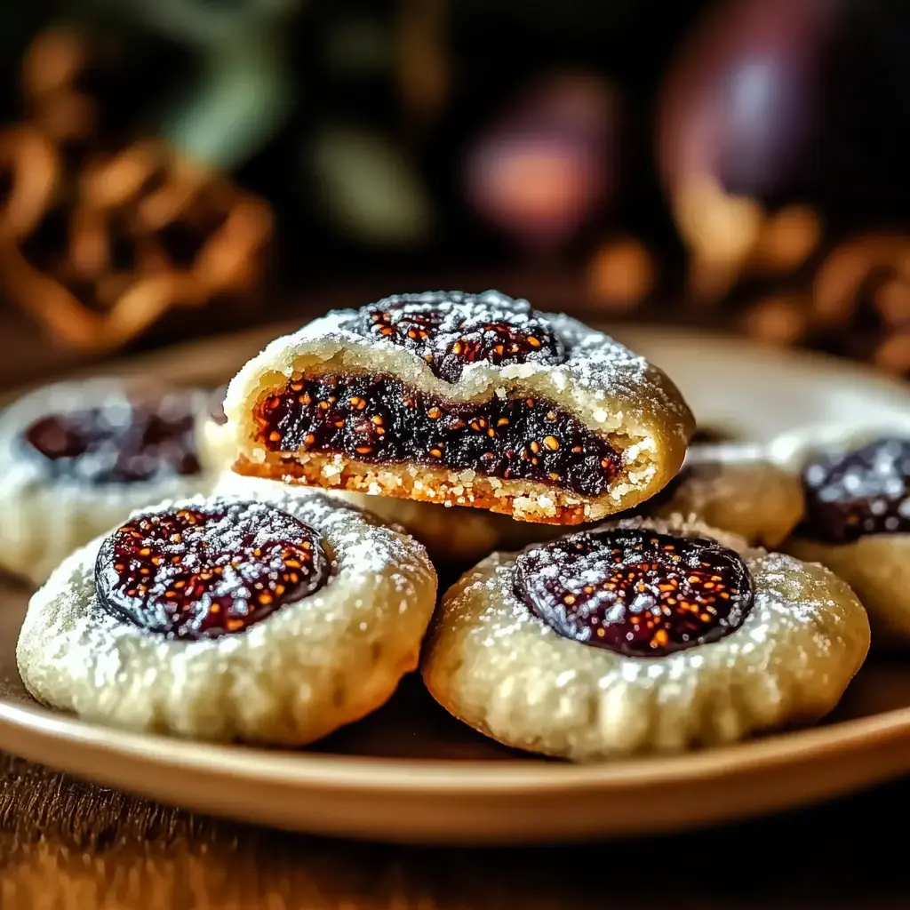 A plate of desserts featuring cookies with fig filling, dusted with powdered sugar, with one cookie cut in half to reveal the interior.