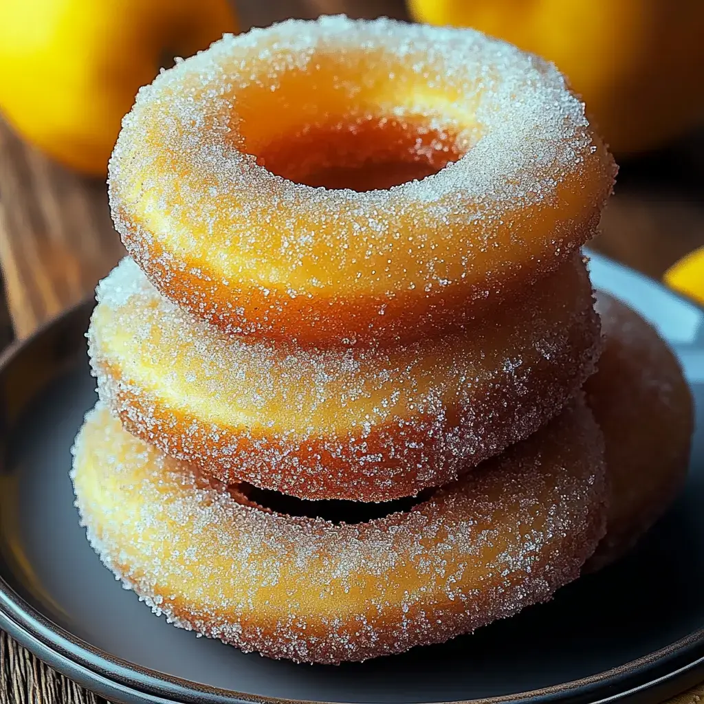 A stack of three sugared doughnuts sits on a plate, with yellow lemons blurred in the background.