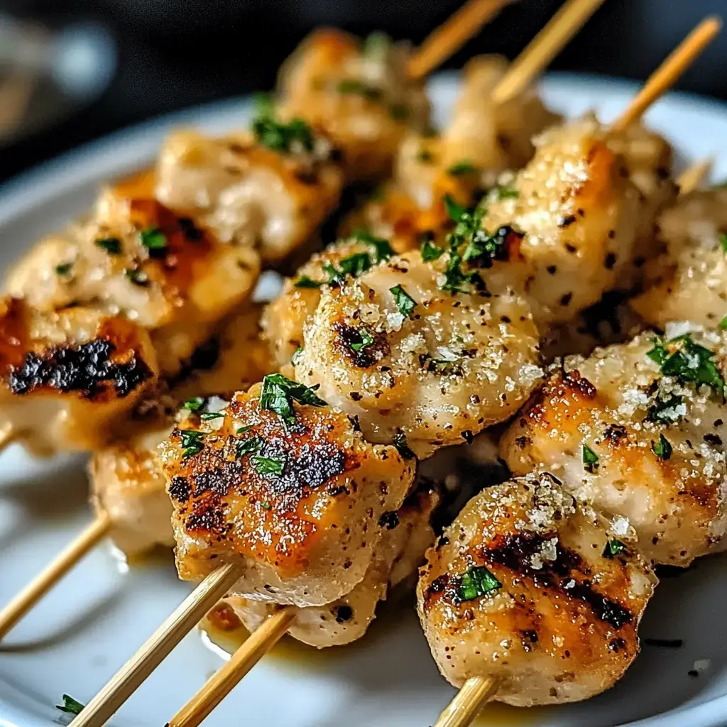 Grilled chicken skewers garnished with herbs and spices are arranged on a white plate.