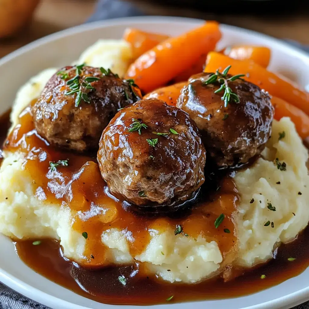 A plate of mashed potatoes topped with meatballs and covered in gravy, accompanied by glazed carrots.