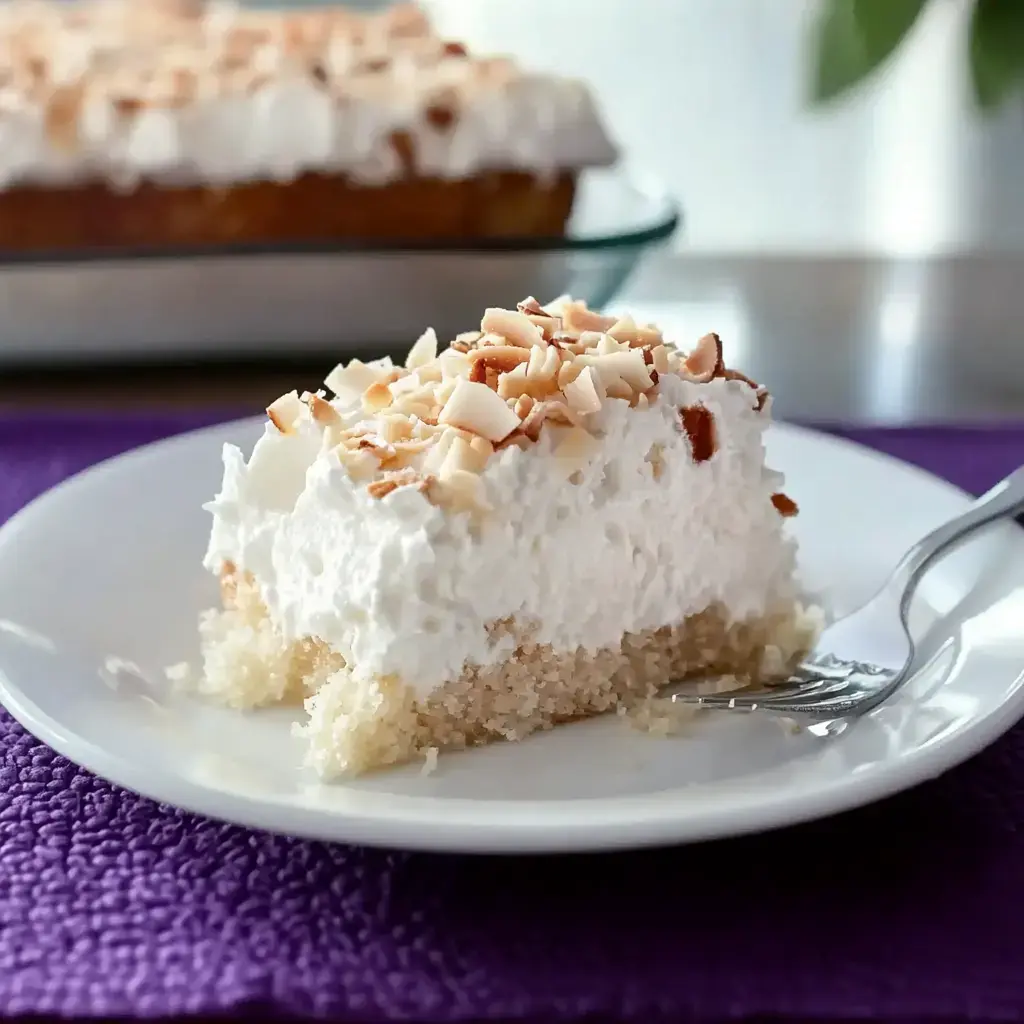 A slice of coconut cream cake is served on a white plate, topped with whipped cream and toasted coconut flakes, with a fork beside it.