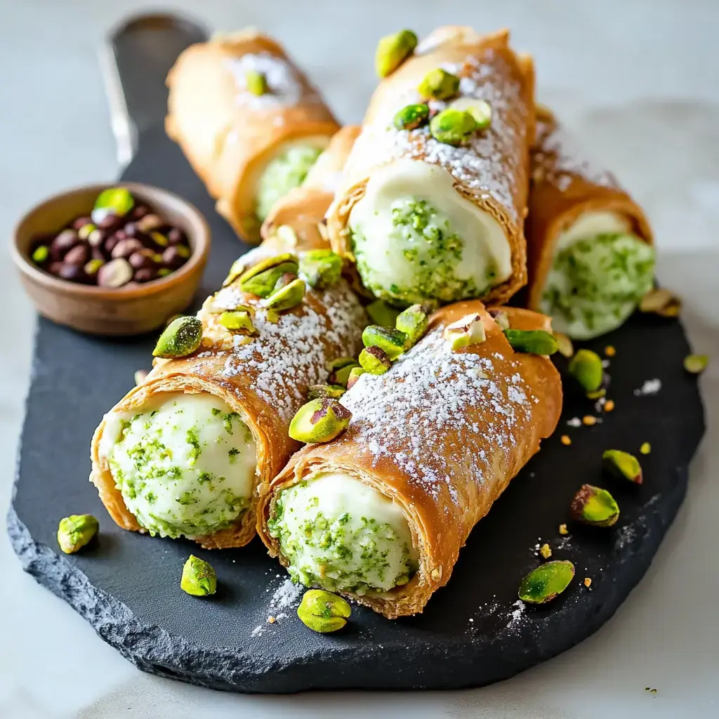 A platter of crispy cannoli filled with green pistachio cream, garnished with chopped pistachios and powdered sugar, alongside a small bowl of dark chocolate-covered nuts.