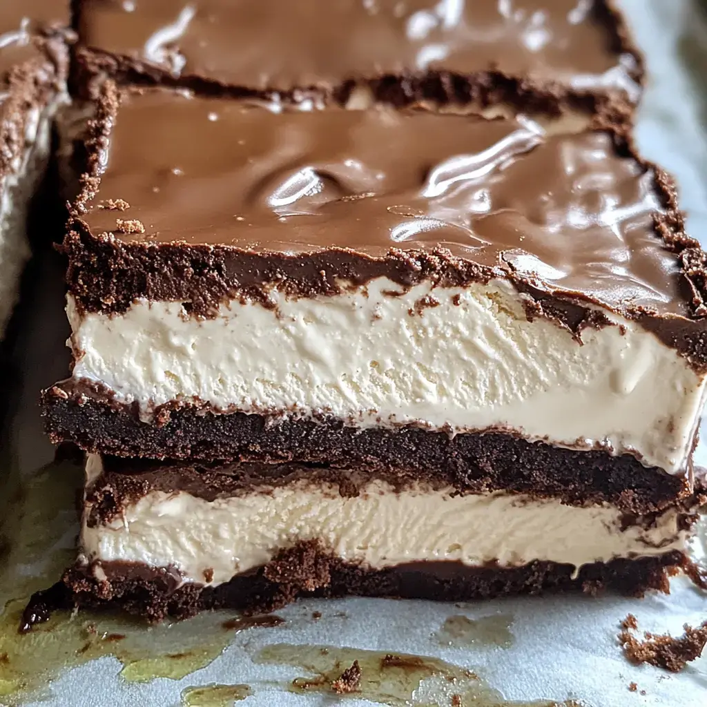 A close-up of layers of chocolate and creamy filling in a dessert, showcasing a chocolate topping over a brown crust and vanilla-like ice cream center.