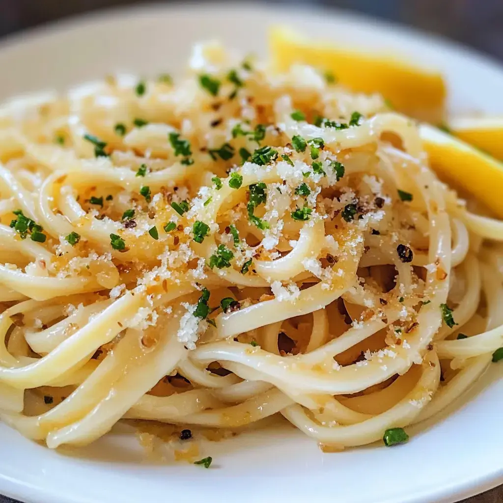 A close-up of a plate of linguine pasta topped with grated cheese, herbs, and served with lemon wedges.