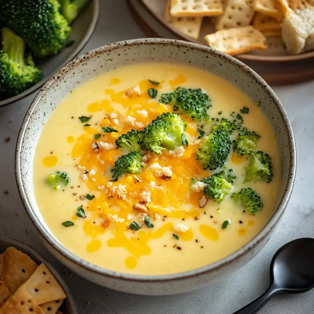 A bowl of creamy broccoli cheddar soup topped with shredded cheese, chopped broccoli, and crackers on the side.