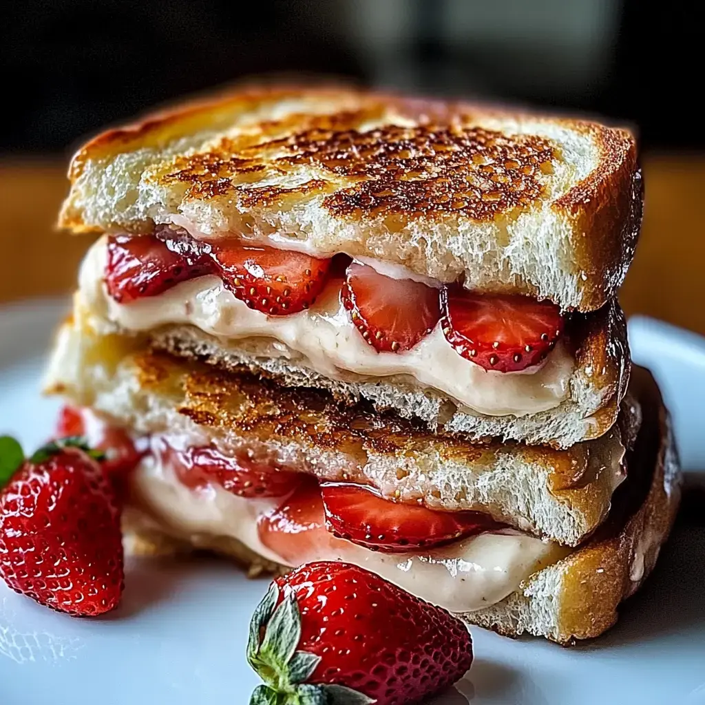 A stacked sandwich filled with cream and fresh strawberries, accompanied by whole strawberries on the side.