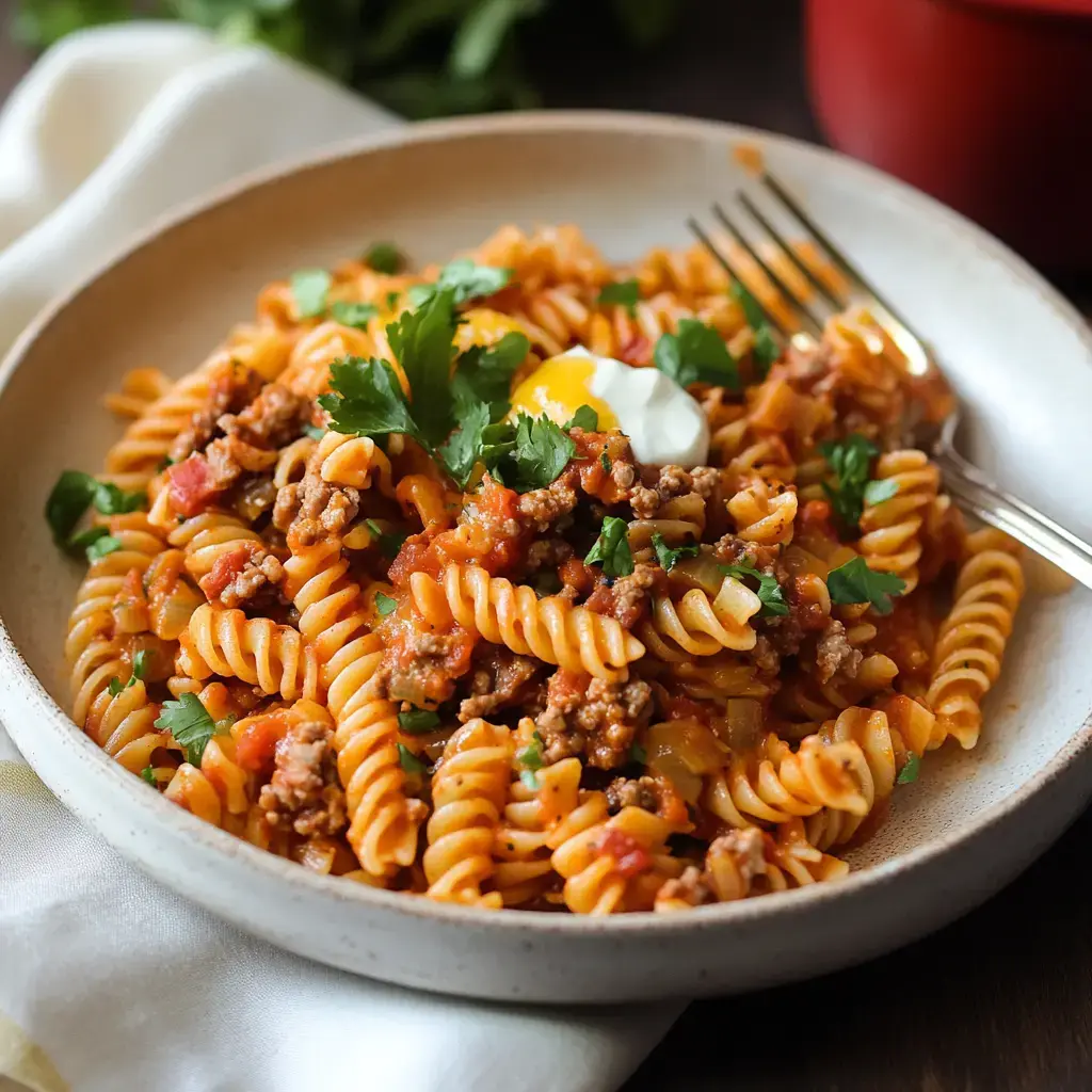 A bowl of rotini pasta topped with ground meat, tomatoes, cilantro, a dollop of sour cream, and a cooked egg.