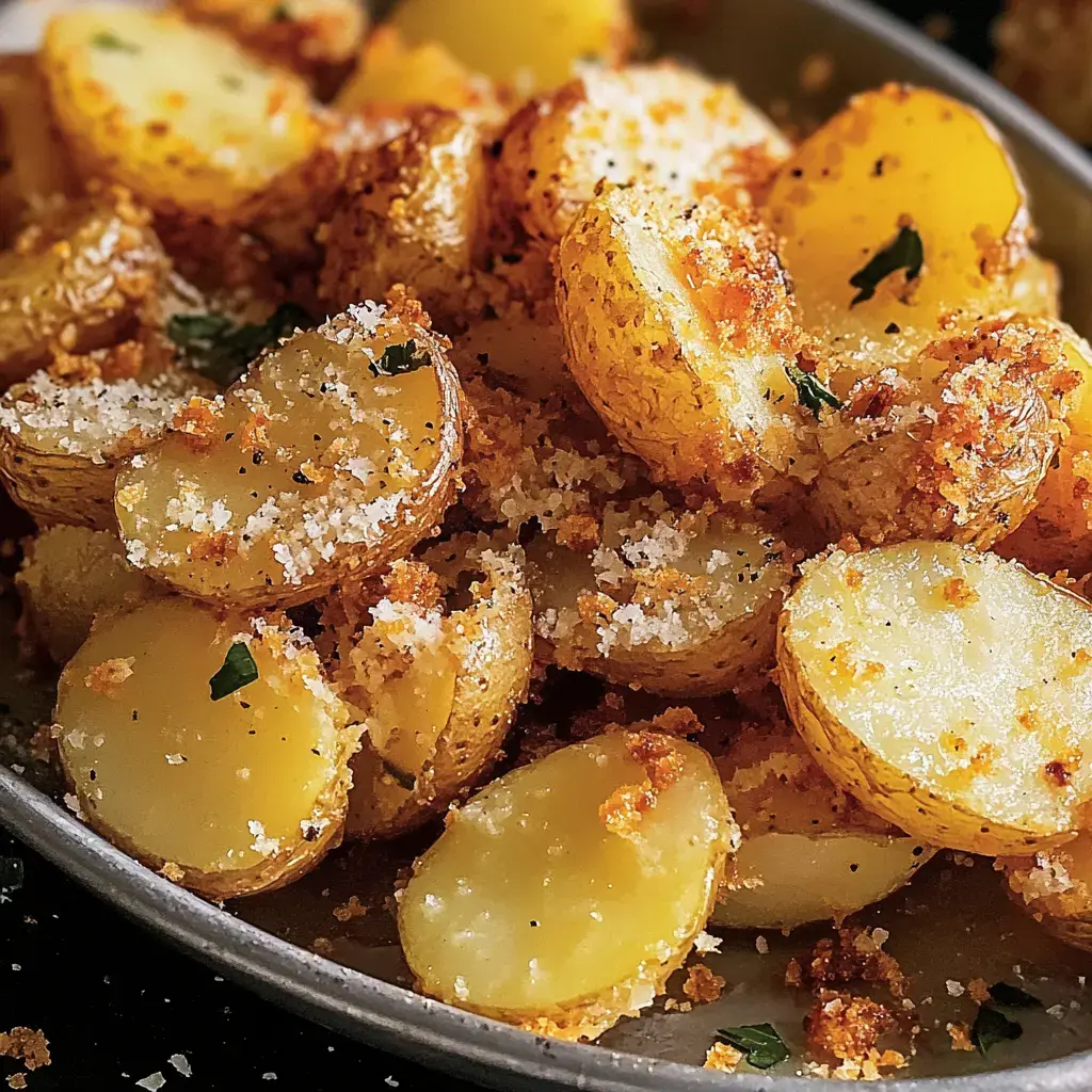 A close-up of roasted, golden baby potatoes topped with a sprinkle of breadcrumbs and parsley on a serving platter.