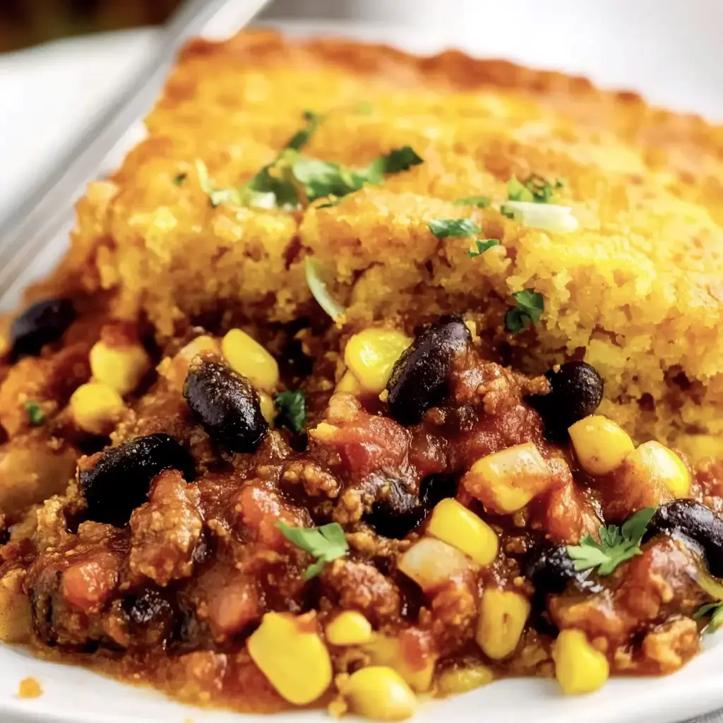 A serving of cornbread atop a hearty chili featuring ground meat, black beans, corn, and diced tomatoes.