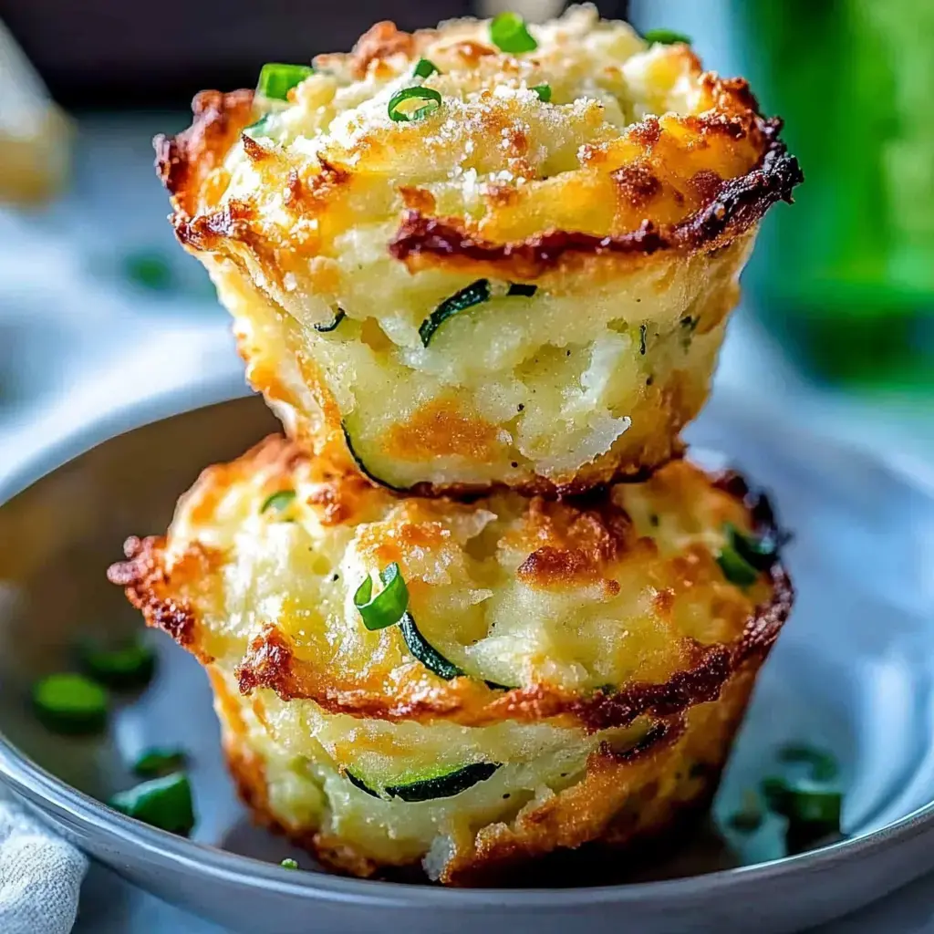 Two golden brown zucchini muffins are stacked on a plate, garnished with chopped green onions.