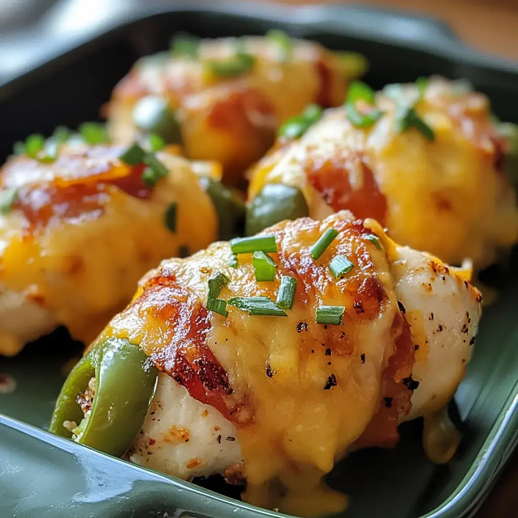 A close-up of four cheese-topped chicken rolls stuffed with green peppers and garnished with chopped chives, served on a green dish.