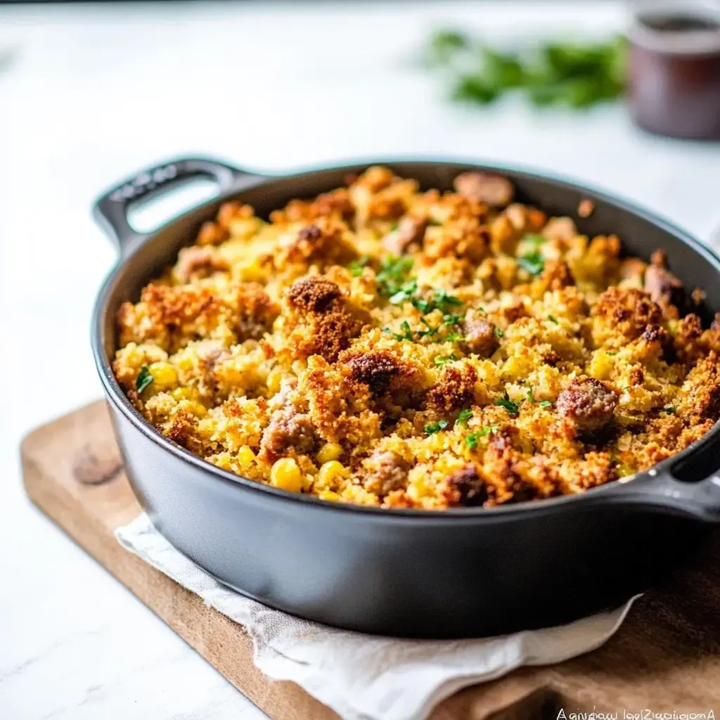 A baked casserole dish filled with cornbread, sausage, and herbs, sitting on a wooden cutting board.