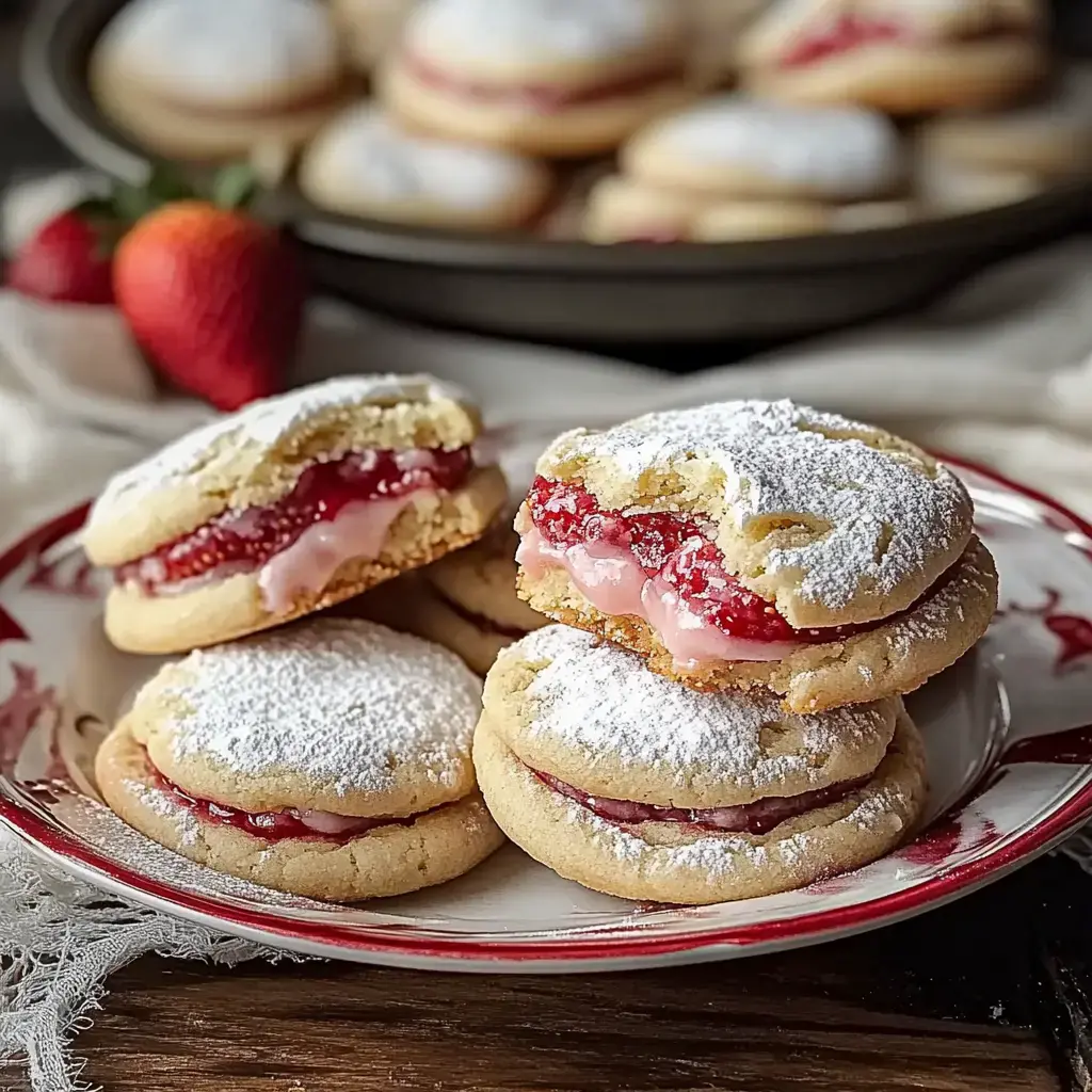 A plate of powdered sugar-dusted sandwich cookies filled with pink frosting and strawberry jam, with fresh strawberries in the background.