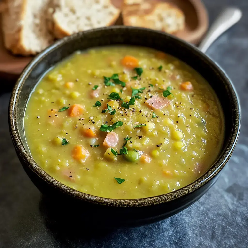 A close-up view of a bowl of thick green split pea soup garnished with chopped parsley and surrounded by slices of bread.