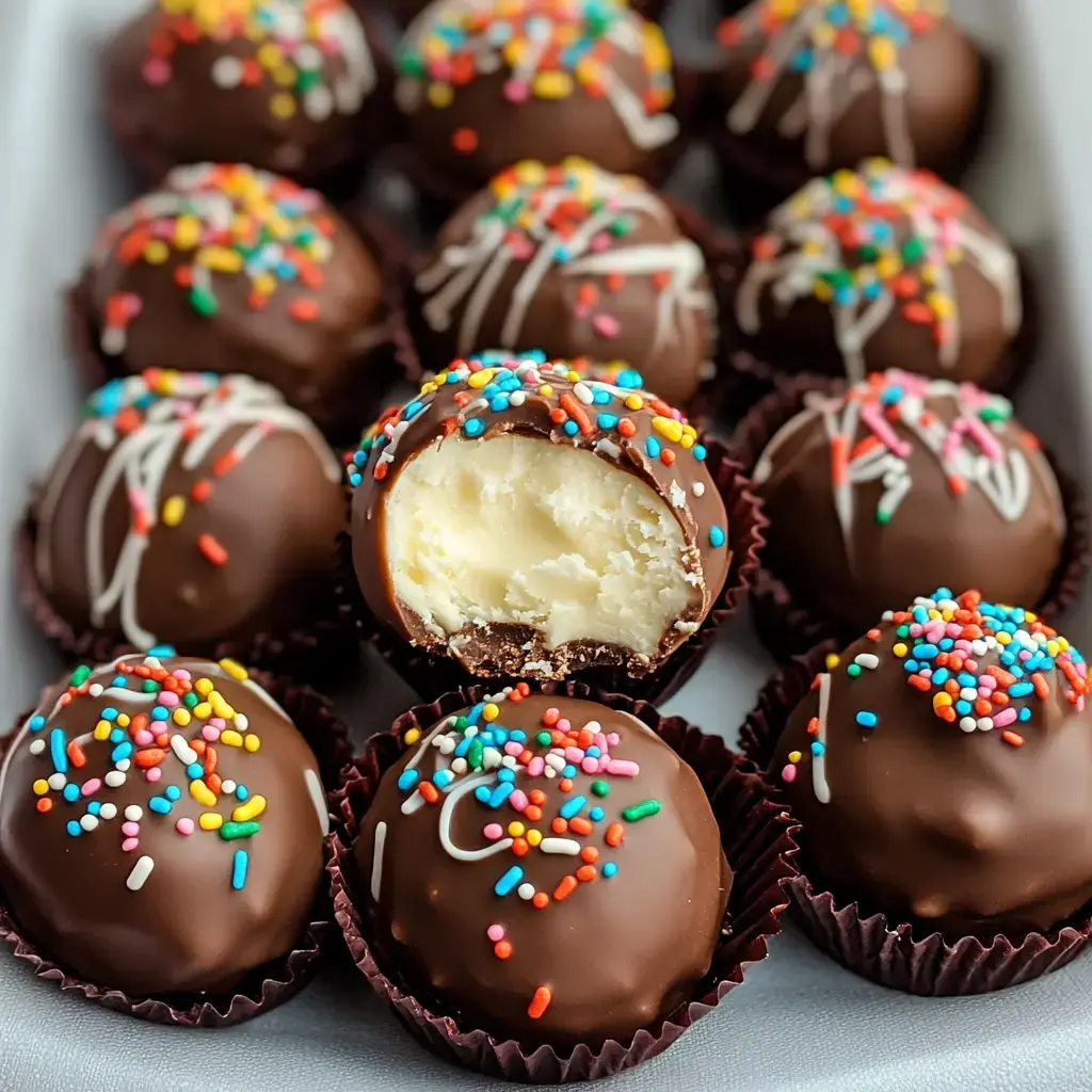 A close-up image of chocolate-dipped dessert balls with colorful sprinkles, one of which is cut in half to reveal a creamy white filling inside.