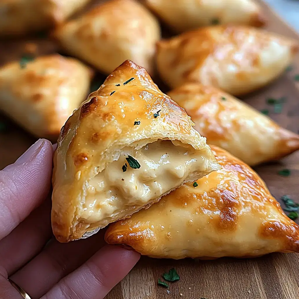 A hand holds a golden-brown, flaky pastry filled with a creamy mixture, with more pastries in the background.