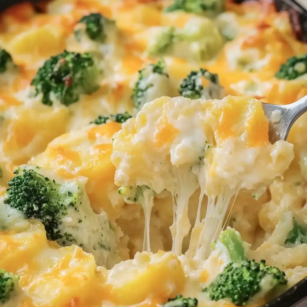 A spoonful of cheesy broccoli and potato casserole, featuring melted cheese and vibrant green broccoli.