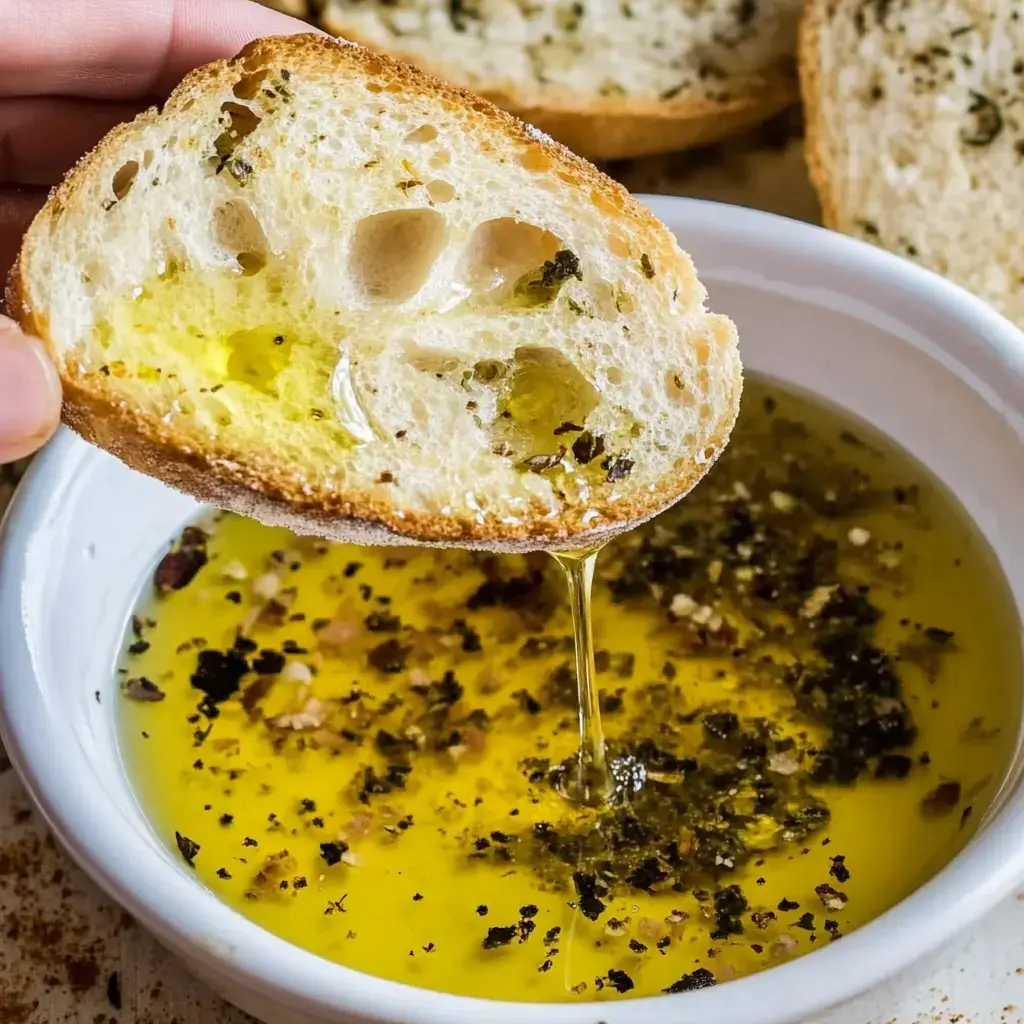 A piece of crusty bread is being dipped into a bowl of seasoned olive oil, with oil dripping from the bread.