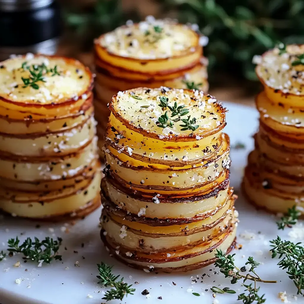 A plate of neatly stacked, golden-brown potato slices seasoned with herbs and spices.