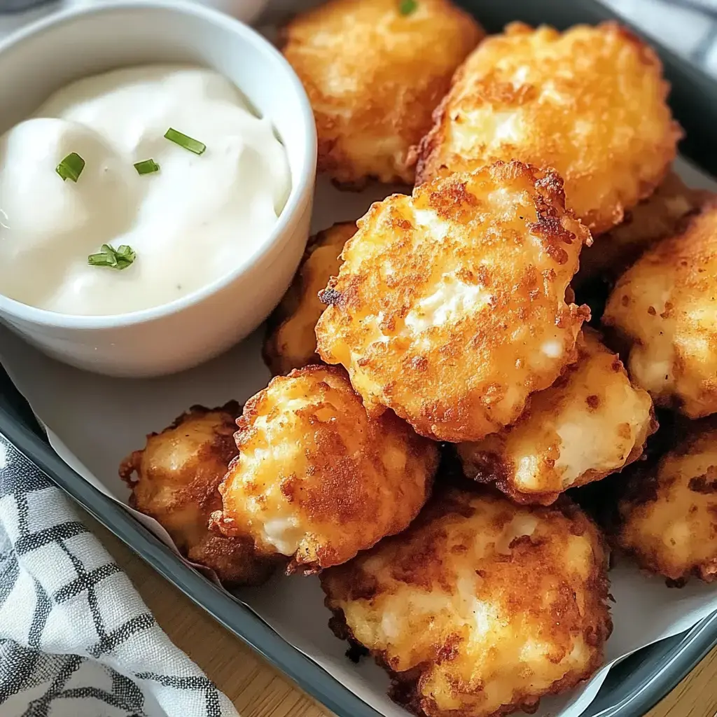 A platter of golden-brown, fritter-like snacks served alongside a small bowl of creamy dipping sauce.