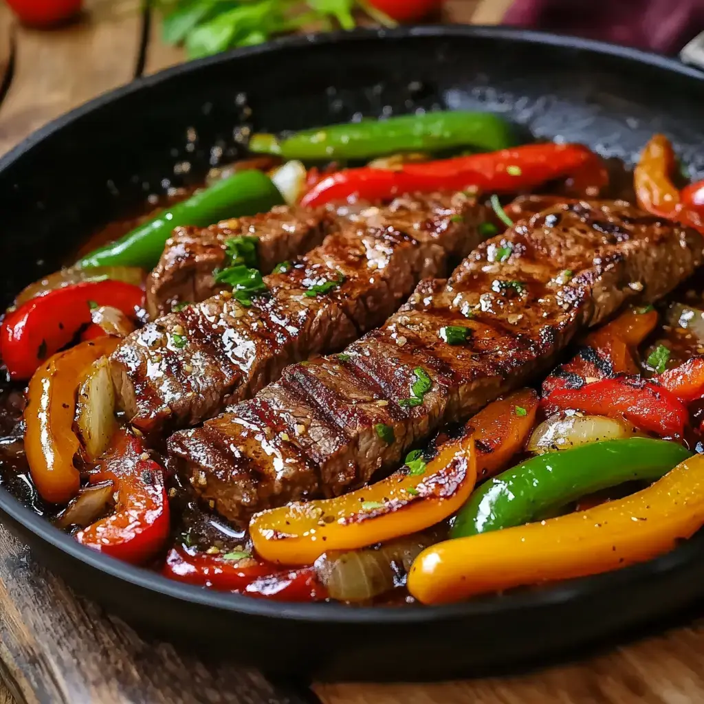 A skillet filled with grilled steak strips surrounded by colorful sautéed bell peppers and onions.