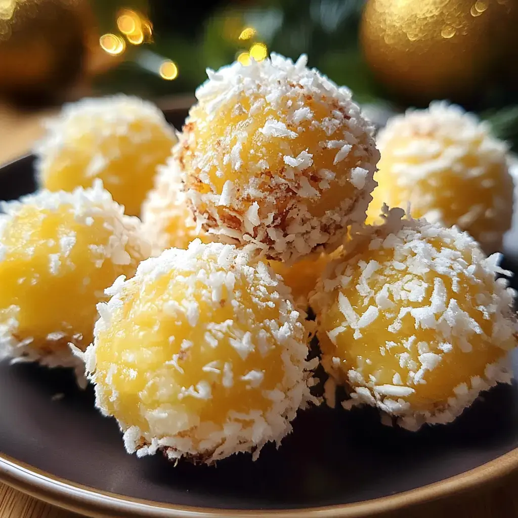 A plate of coconut-covered cake balls with a golden yellow interior, arranged together and set against a festive background.