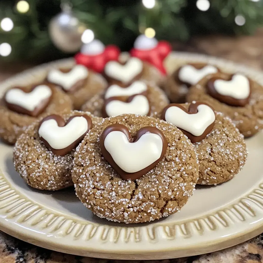 A plate of heart-shaped cookies decorated with chocolate and white icing, with sparkling sugar, set against a festive background.