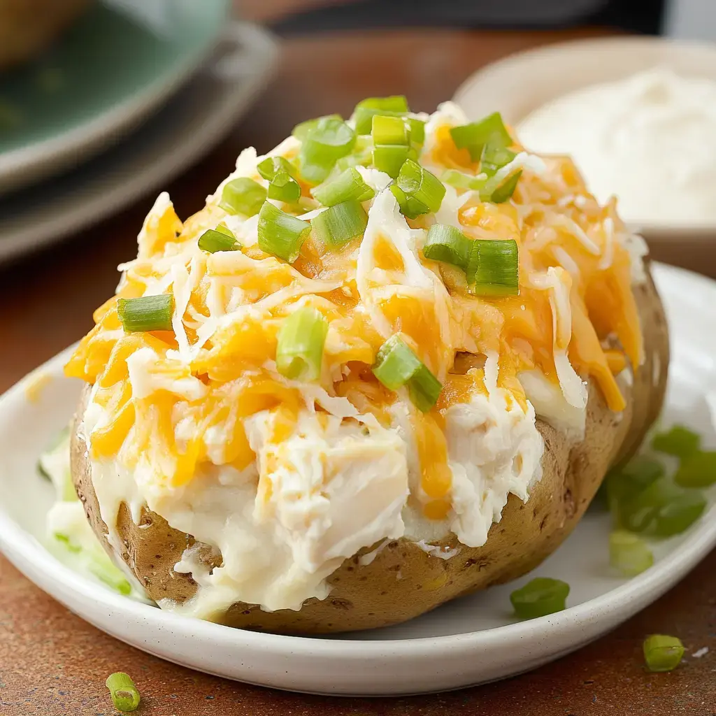 A baked potato topped with shredded cheese, chopped green onions, and sour cream on a white plate.