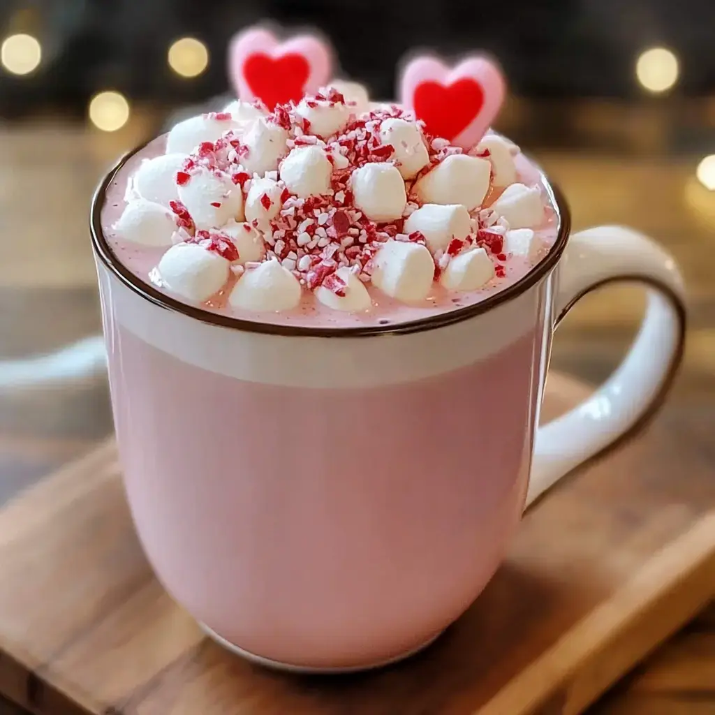 A close-up of a pink hot drink topped with marshmallows and crushed red candies, garnished with heart-shaped decorations.