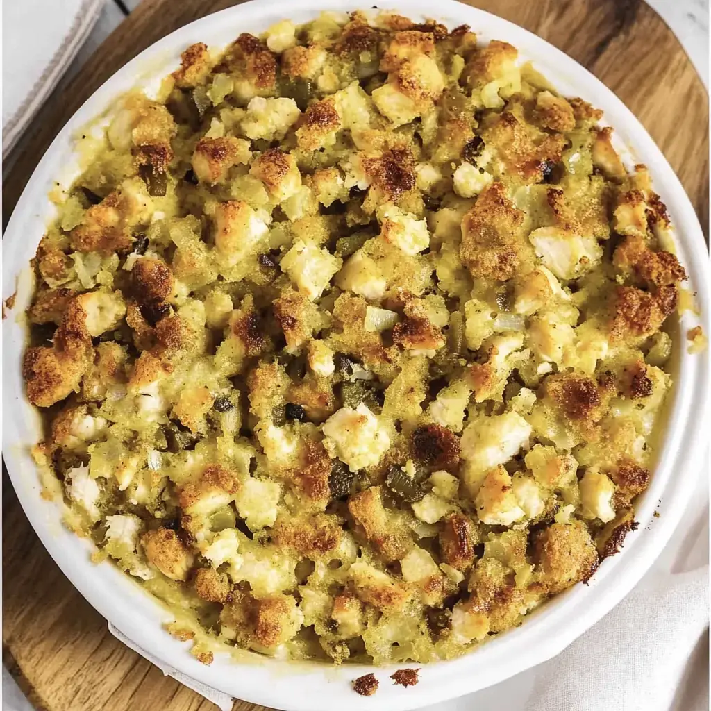 A golden-brown baked stuffing made with bread cubes and herbs, displayed in a round white dish.