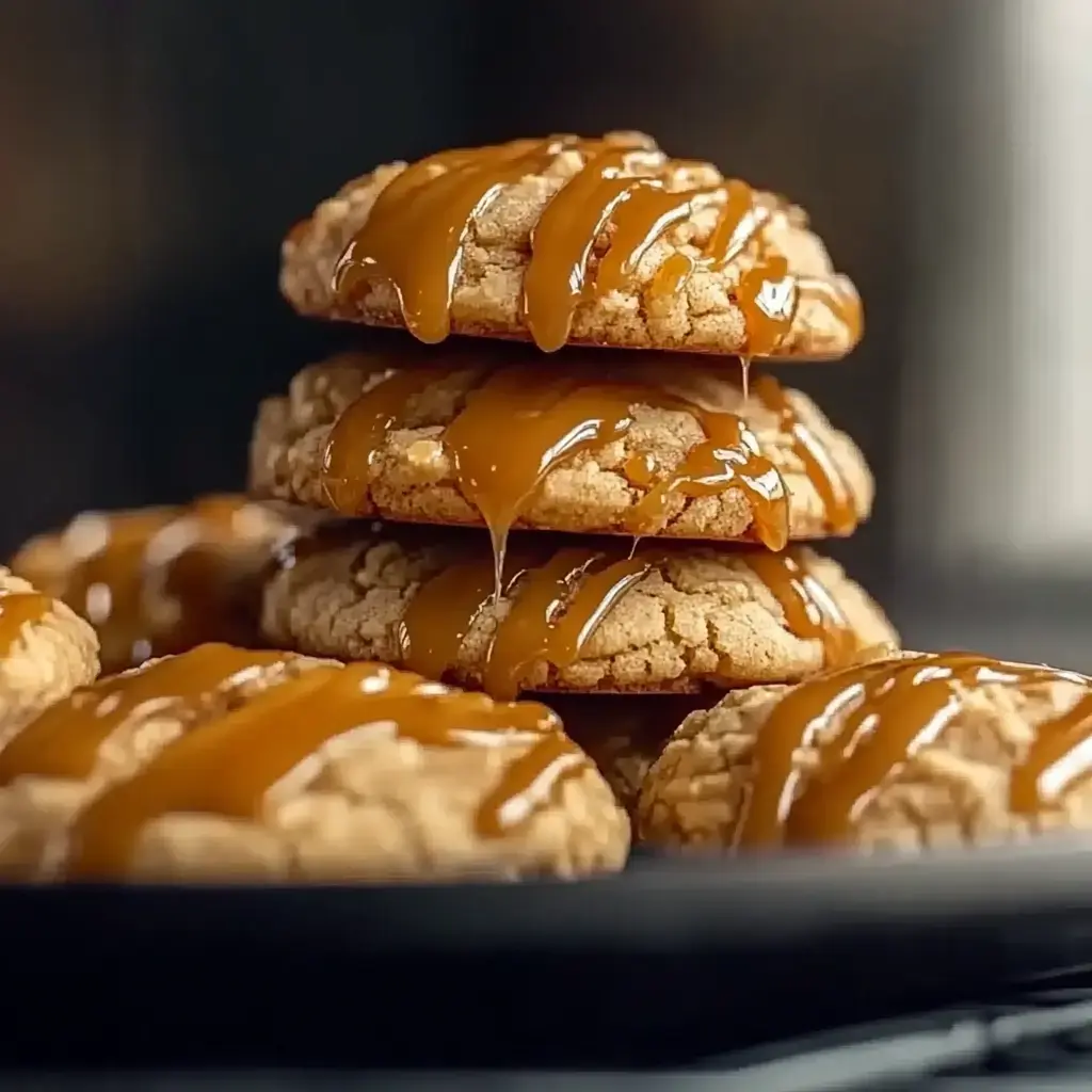 A stack of three golden cookies drizzled with caramel sauce, surrounded by additional cookies on a dark plate.