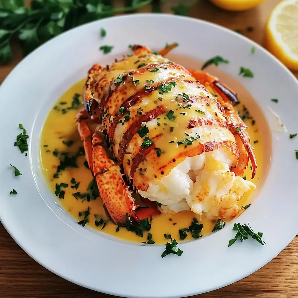 A gourmet lobster tail, topped with a creamy sauce and garnished with fresh parsley, is served on a white plate with lemon slices in the background.