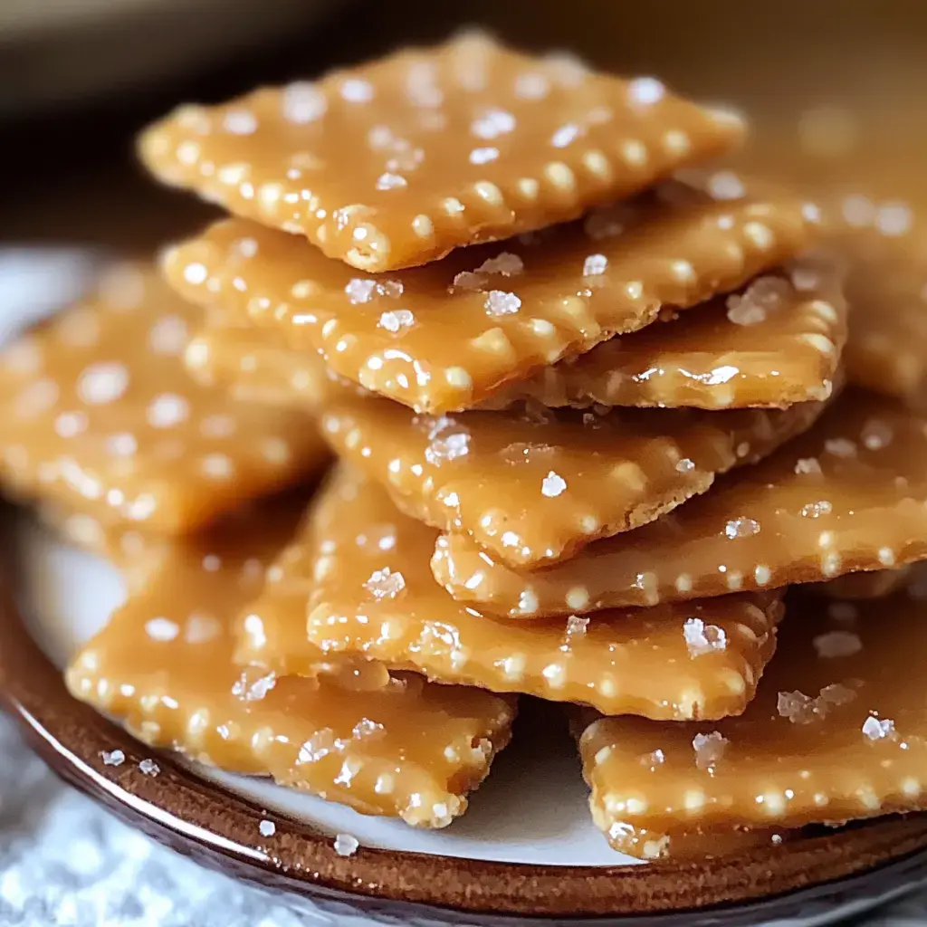 A close-up of a small stack of salted caramel crackers arranged on a plate.