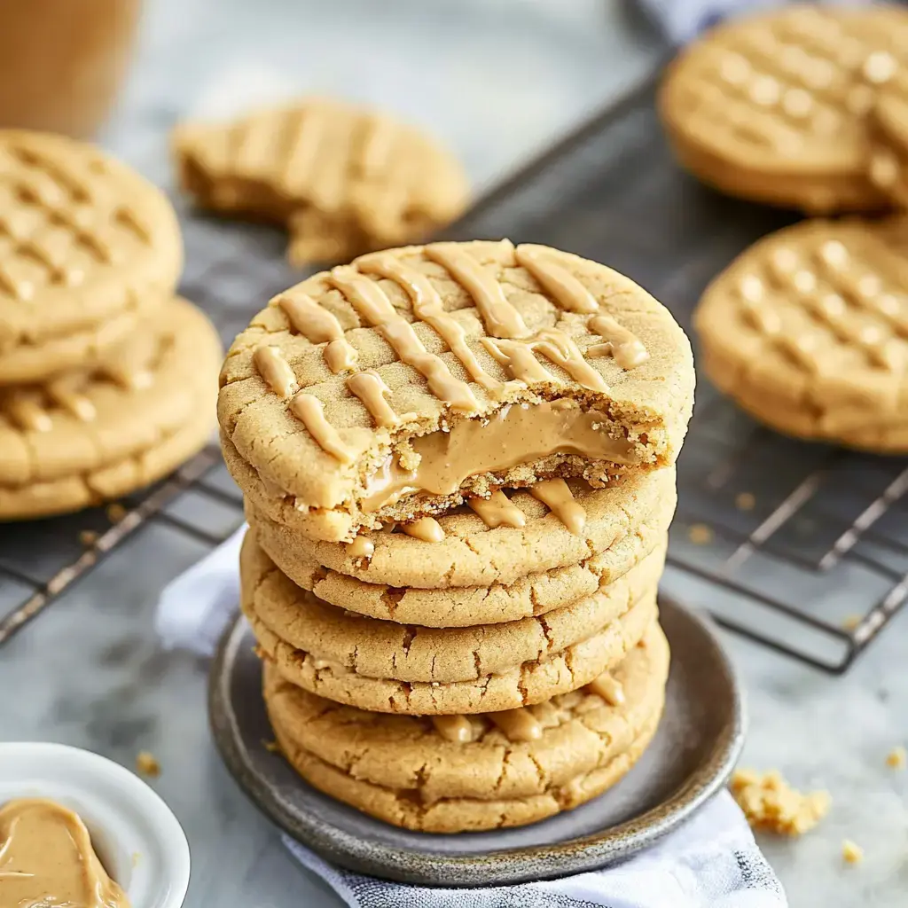 A stack of peanut butter cookies, one with a bite taken out, reveals a creamy filling, accompanied by more cookies in the background.