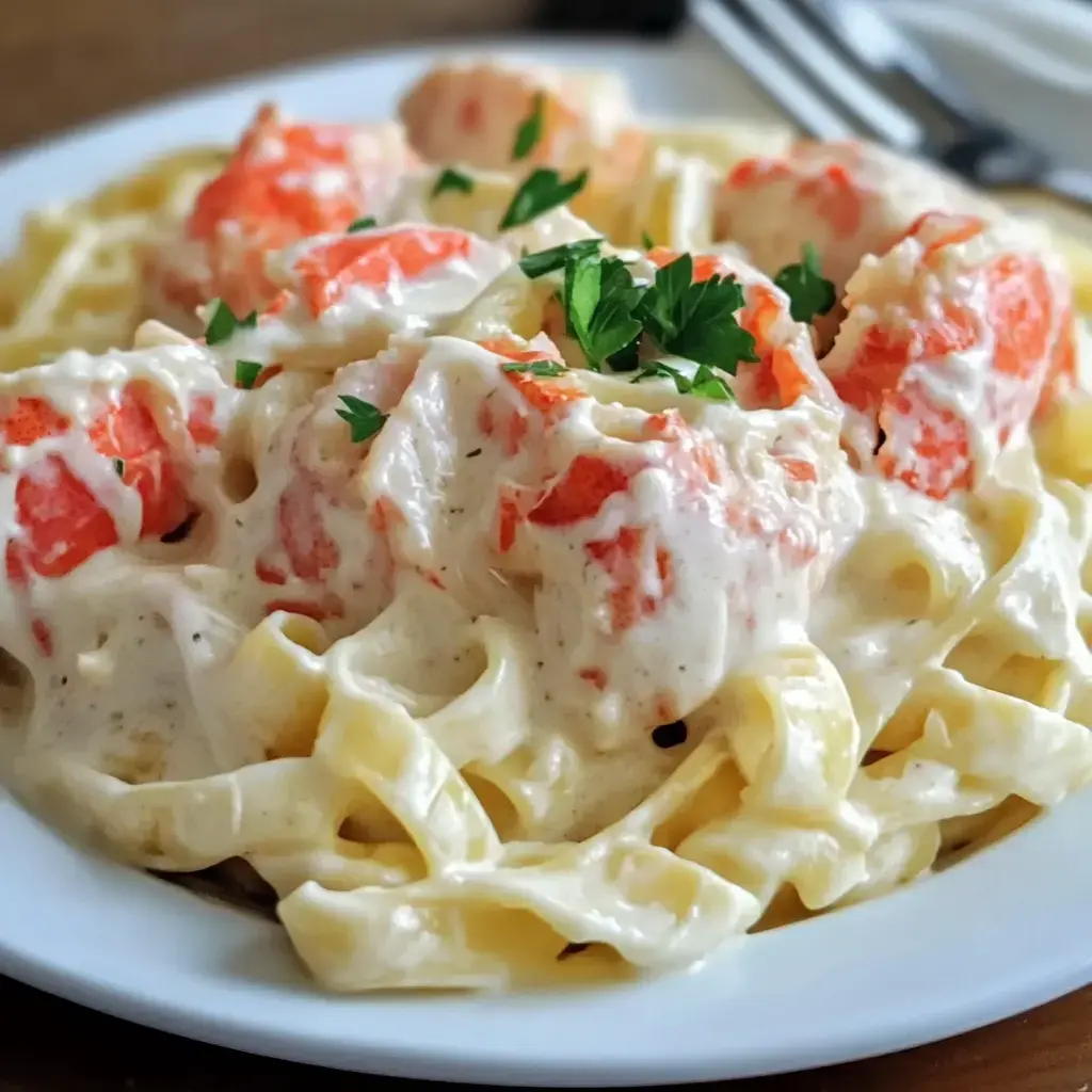 A plate of fettuccine pasta topped with creamy sauce and pieces of shrimp, garnished with fresh parsley.