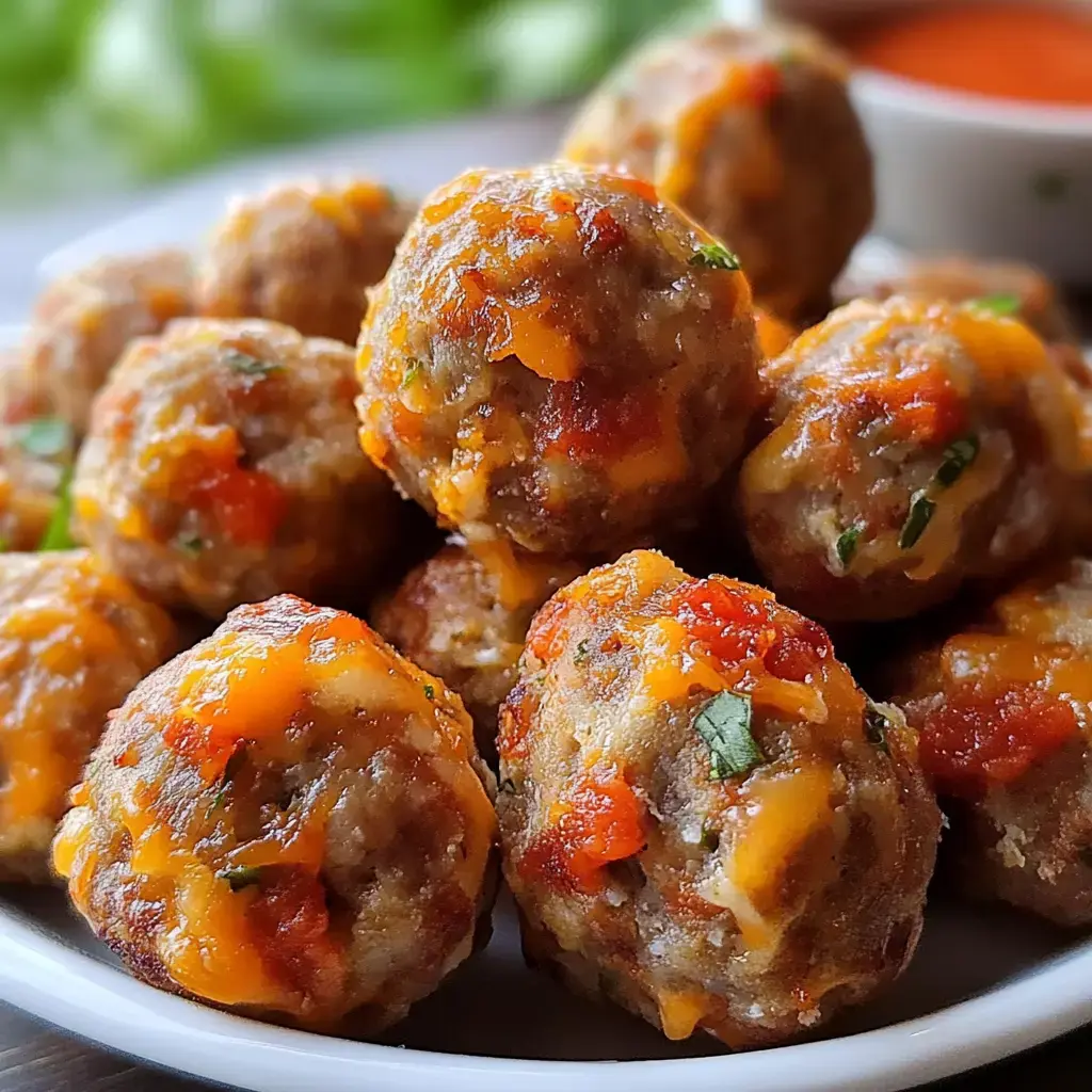 A plate of savory meatballs with melted cheese and bits of red seasoning, accompanied by a small bowl of dipping sauce.