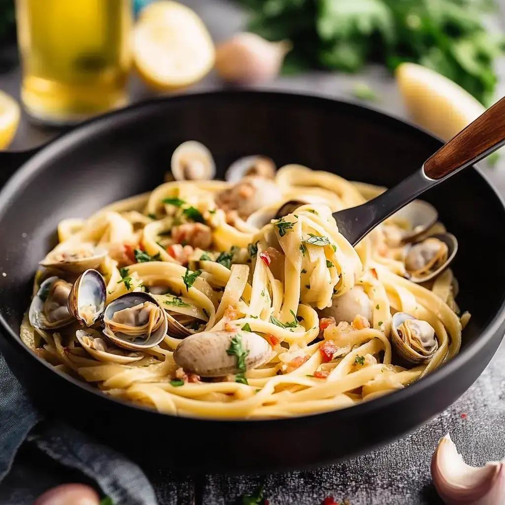 A bowl of linguine pasta with clams, garnished with parsley, and accompanied by lemon and garlic in the background.