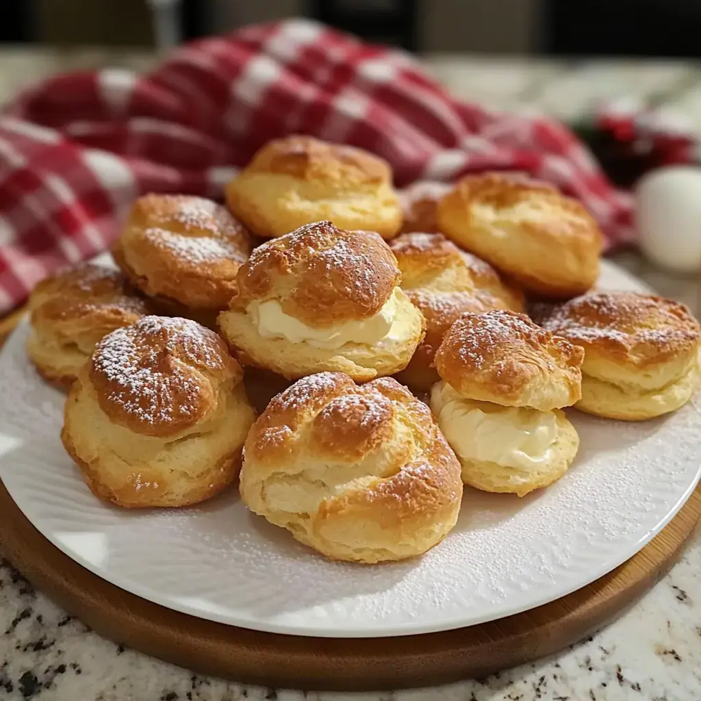 A plate of cream-filled pastries dusted with powdered sugar, with a checkered red and white cloth in the background.