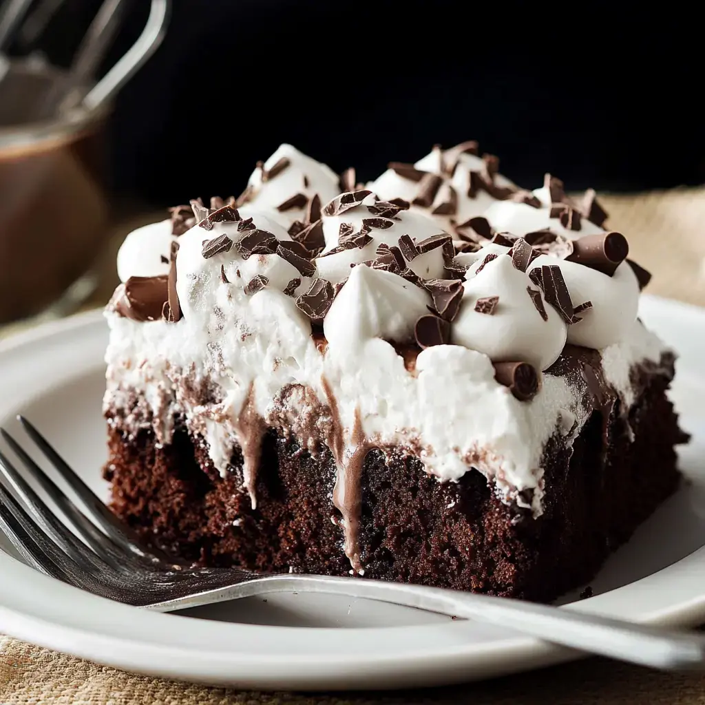 A close-up of a chocolate cake topped with whipped cream, chocolate curls, and mini marshmallows served on a white plate with a fork.