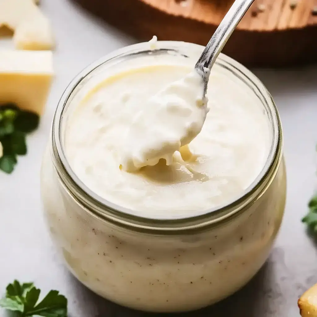 A jar of creamy white sauce with a spoon resting on top, surrounded by cheese and fresh herbs.