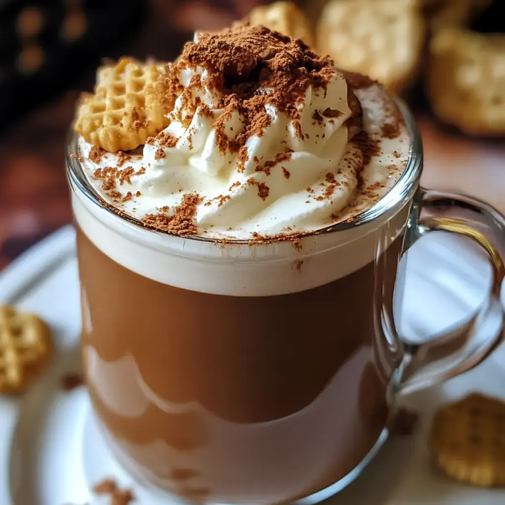 A glass of hot cocoa topped with whipped cream, cocoa powder, and decorative cookies.