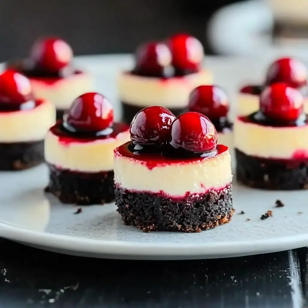 A plate of mini cheesecakes with a chocolate crust, layered with creamy filling, raspberry sauce, and topped with glossy cherries.