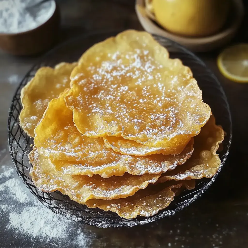 A plate of golden, crispy pastries dusted with powdered sugar.