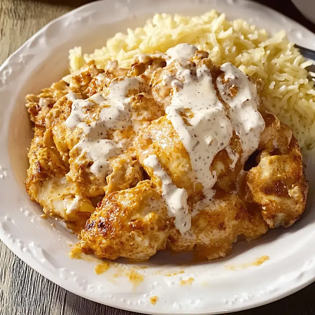 A plate of rice served with spicy chicken pieces topped with a creamy white sauce.