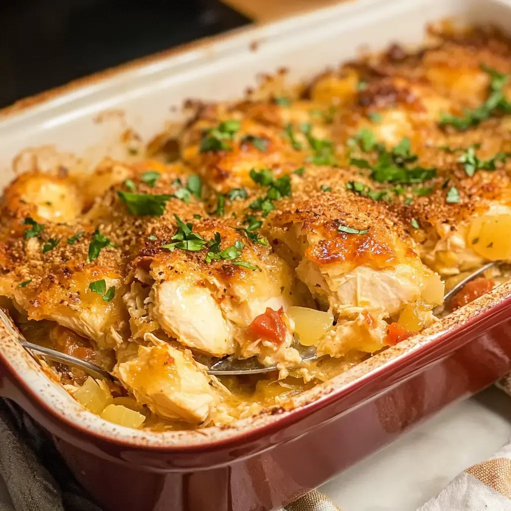 A baked chicken casserole with a golden, crispy topping and sprinkled with fresh herbs is displayed in a red dish.