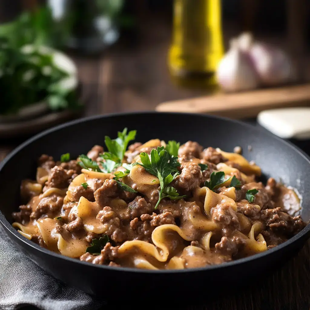 A bowl of egg noodles topped with savory ground beef and garnished with fresh parsley.